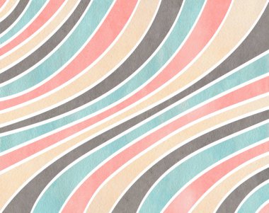 Sulu boya açık pembe, mavi, gri ve bej çizgili renkli. Eğri çizgi deseni.