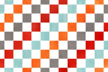 Suluboya turuncu, mavi, kırmızı ve gri desen kare. Moda tekstil, kumaş, arka planlar için geometrik geleneksel süsleme.