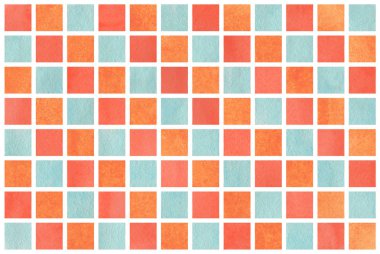 Suluboya somon kırmızı, mavi ve havuç turuncu kare geometrik desen.