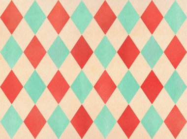 Suluboya çilek kırmızı, bej ve deniz mavi elmas desen. Moda tekstil, kumaş, arka planlar için geometrik geleneksel süsleme.