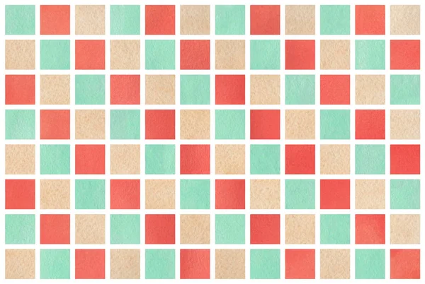 Suluboya çilek kırmızı, bej ve deniz mavi kare geometrik desen.