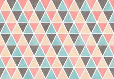 Suluboya hafif pembe, mavi, gri ve bej üçgen desen.