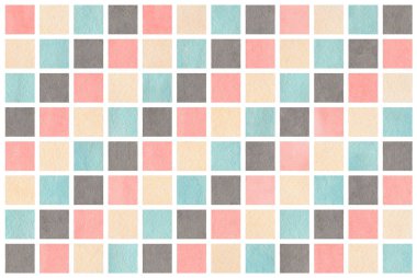 Suluboya hafif pembe, mavi, gri ve bej kare geometrik desen.