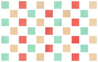 Suluboya çilek kırmızı, bej ve deniz mavi kare geometrik desen.