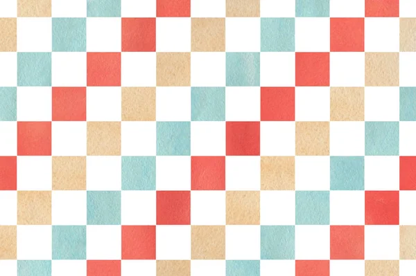 Watercolor red, blue and beige square pattern. Geometrical traditional ornament for fashion textile, cloth, backgrounds.