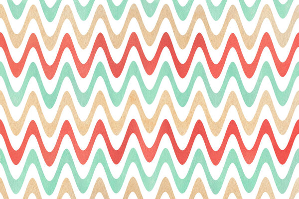 Watercolor strawberry red, beige and seafoam blue stripes background, chevron.