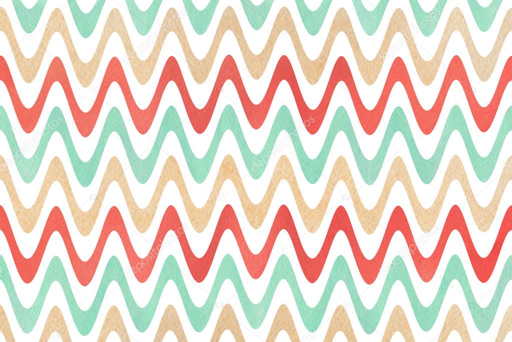 Watercolor strawberry red, beige and seafoam blue stripes background, chevron.