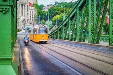 Özgürlük Köprüsü ve sarı tren Budapeşte '.