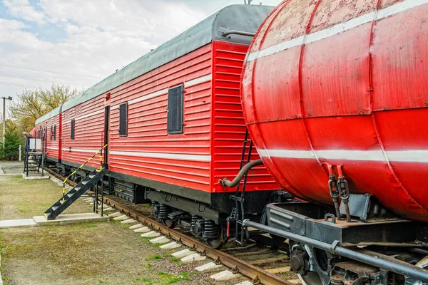 Red fire train on the track. — Stock Photo, Image