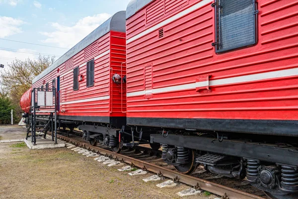 Red fire train on the track. — Stock Photo, Image