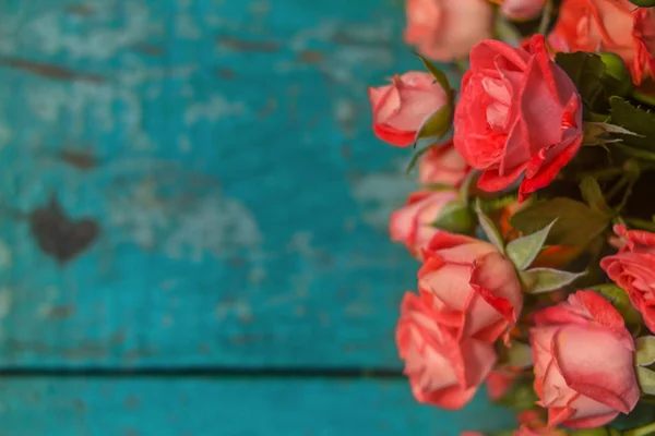 Розовые розы на старинном деревянном синем фоне . — стоковое фото