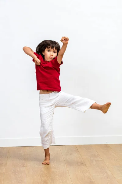 Lutando Criança Com Braços Levantados Apreciando Exercitar Arte Marcial Tai — Fotografia de Stock