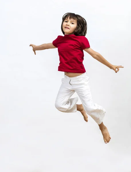 Isolated Happy Beautiful Young Girl Jumping Flying High Express Freedom — Stock Photo, Image