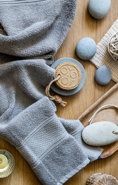 Fresh Shower Healthy Bath Concept Grey Towel Ethnic Solid Soap — Stockfoto