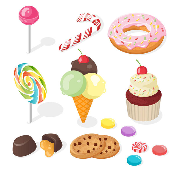 Isometric vector illustration of sweets.