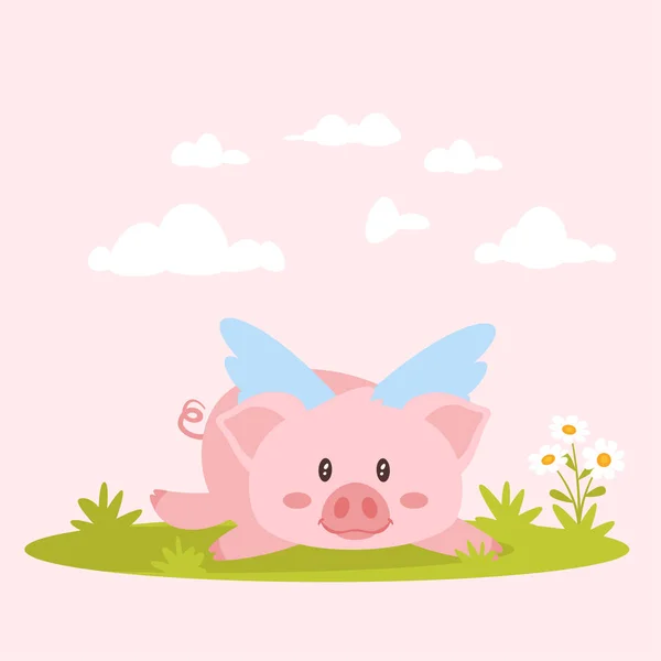 Mignon porc couché rose avec des ailes — Image vectorielle