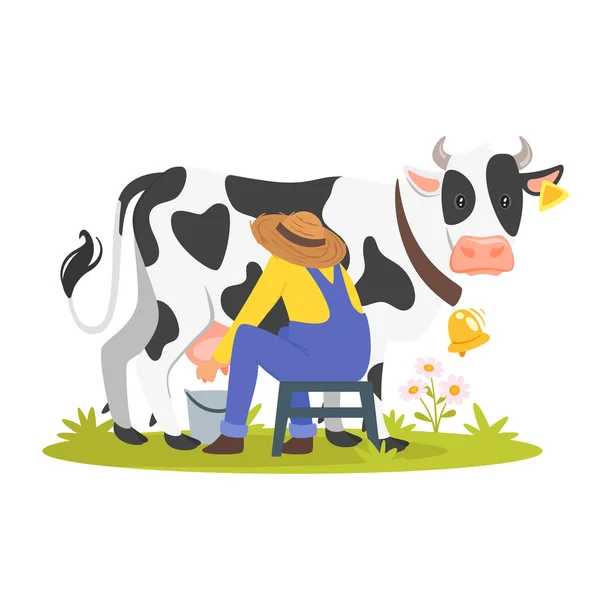 Bonde mjölkar en ko — Stock vektor