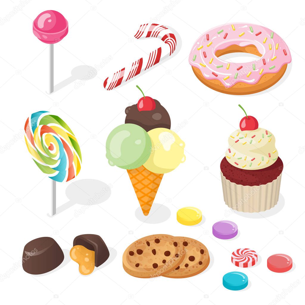 Isometric vector illustration of sweets.