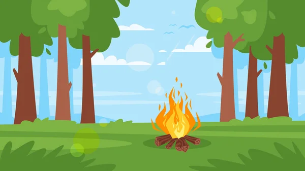 Arrière-plan avec forêt, feu de camp — Image vectorielle