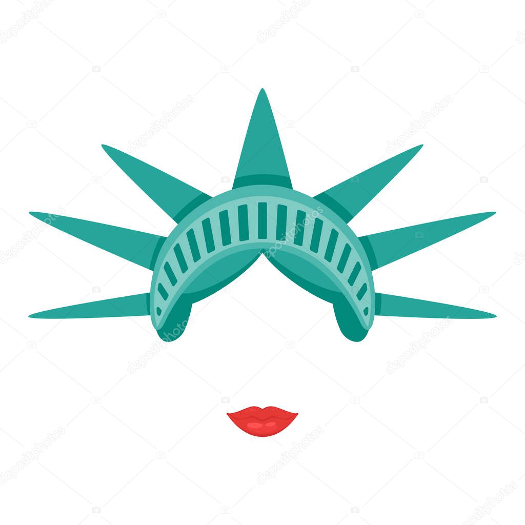 Vector Cartoon Style Statue Of Liberty Face Element Or Carnival Mask Headdress And Lips Decoration Item For Your Selfie Photo And Video Chat Filter American Symbols Isolated On White Background Vector Cartoon Style Statue Of Liberty Face Element Or Carnival Mask Headdress And Lips Decoration Item For Your Selfie Photo And Video Chat Filter American Symbols Isolated On White Background