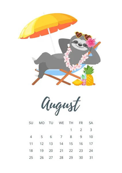 Agosto 2019 página de calendário do ano —  Vetores de Stock