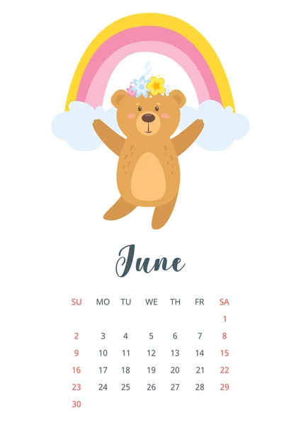 2019 calendário bonito ursinho de pelúcia —  Vetores de Stock