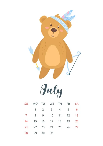 Calendrier ours en peluche mignon 2019 — Image vectorielle