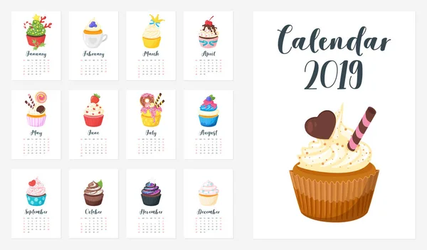 Календар на 2019 рік з кексом — стоковий вектор