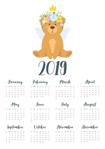 2019 милий календар плюшевого ведмедя — стоковий вектор