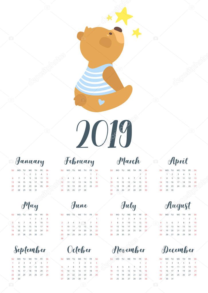 2019 cute teddy bear calendar