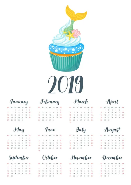 Календар на 2019 рік з кексом — стоковий вектор
