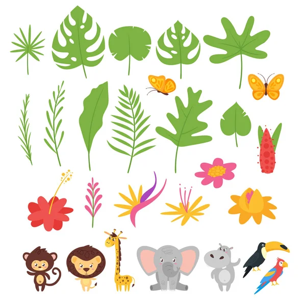 Jungle bladeren, bloemen en dieren — Stockvector