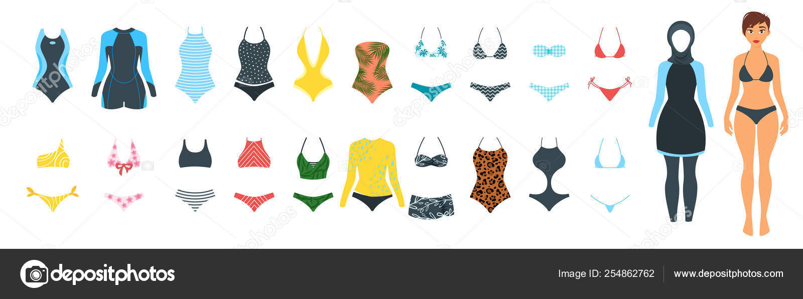 Set Of Female Glamour Swimsuit Icons. Different Types Of Beachwear