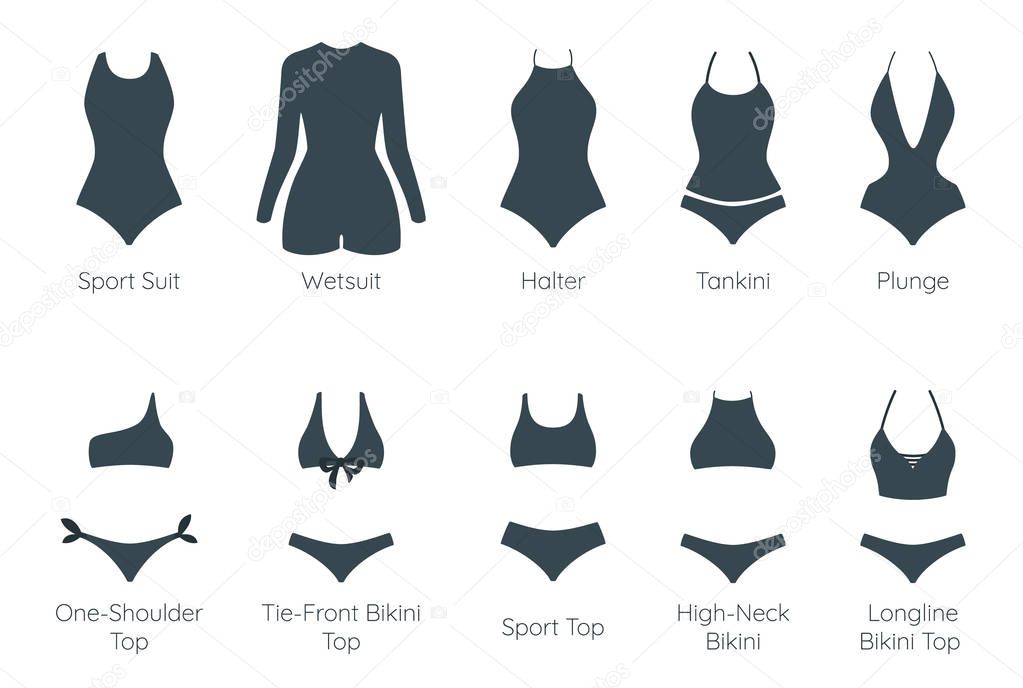 Vector set of female glamour swimsuit icons. Different types of beachwear silhouettes isolated on white background.