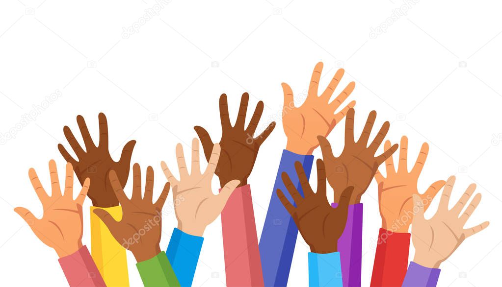 Raised hands of different race