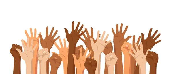 Raised hands of different race — Stock Vector