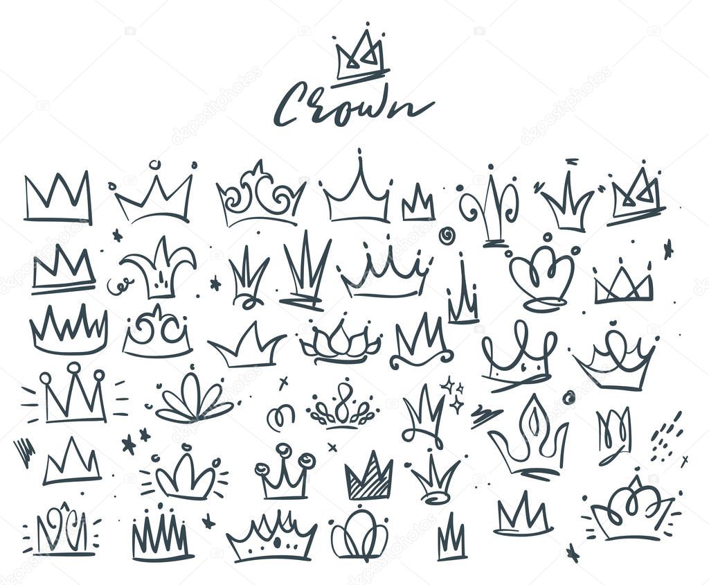 Hand drawn vector doodle set of crowns, isolated on white background.
