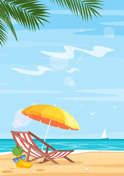 Praia tropical e mar ilustração vetorial plana —  Vetores de Stock