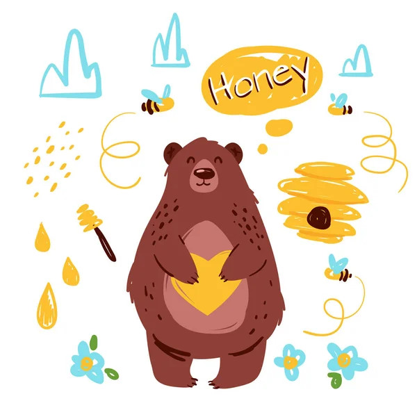 Bear with honey hand drawn vector illustration — Stock Vector