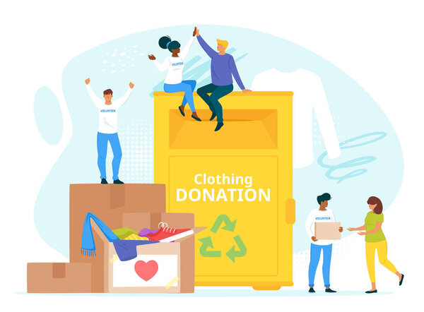 People donating clothes to charity together flat vector illustration