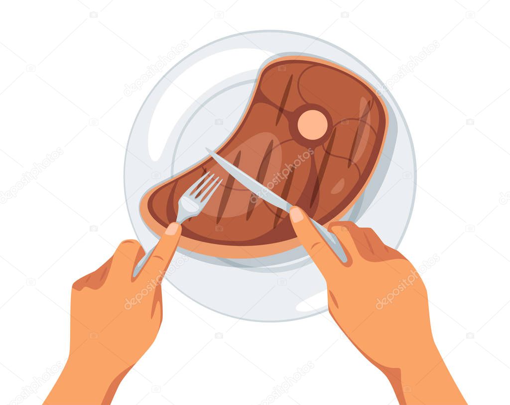 Hands cutting fried steak in plate vector illustration