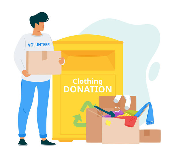 Young volunteer donating clothes vector illustration