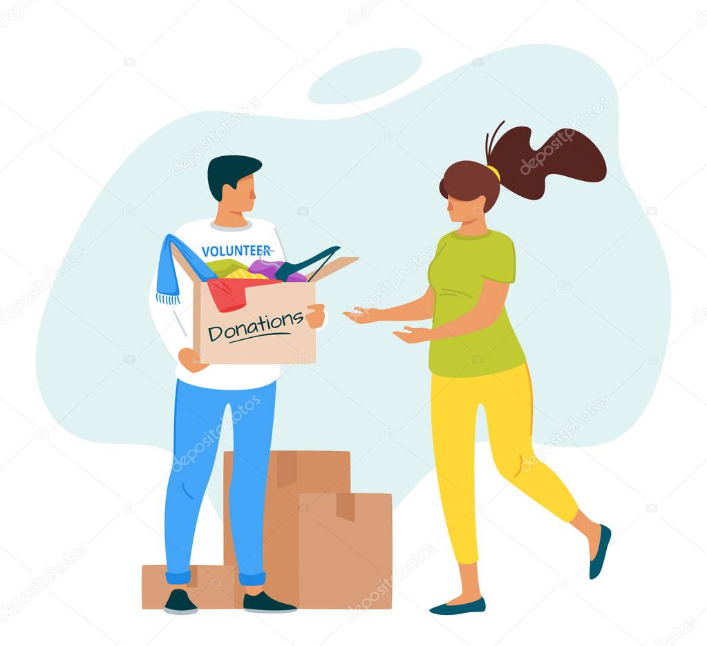Volunteers sharing donating clothes vector illustration
