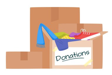 Giyim bağışları düz vektör illüstrasyon ile Kutular