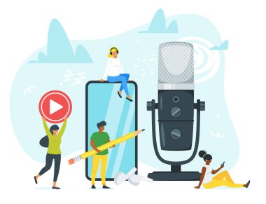 Müzik düz vektör illüstrasyon dinlekulaklık gençler