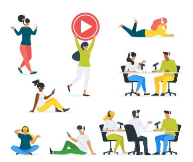 Podcasting vektör çizimler seti