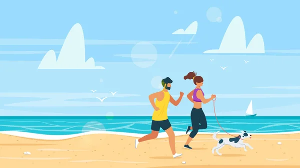 Пара бегущая по пляжу на летней векторной иллюстрации — стоковый вектор