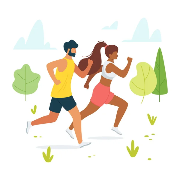 Correr, correr, hacer ejercicio en el bosque, bosque ilustración vectorial plana — Archivo Imágenes Vectoriales