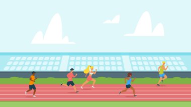 Lise öğrencileri koşu pisti düz vektör illüstrasyon