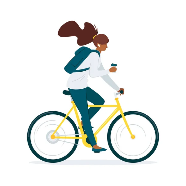 Schoolmeisje rijden naar klasse op fiets cartoon vector illustratie — Stockvector